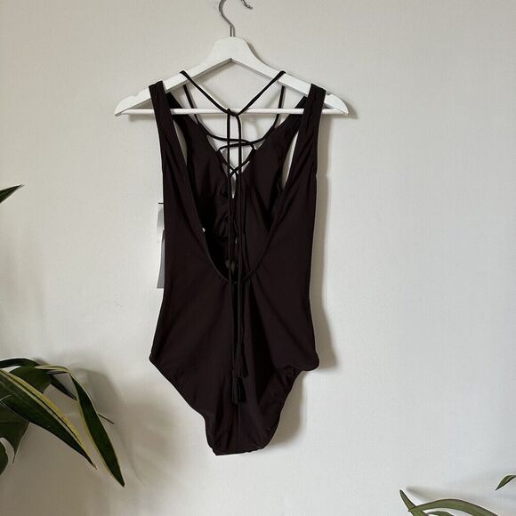 NWT Karla Colletto Plunge Tank One Piece Swimsuit Lace Up Front Size 14 US 10 - Picture 4 of 7